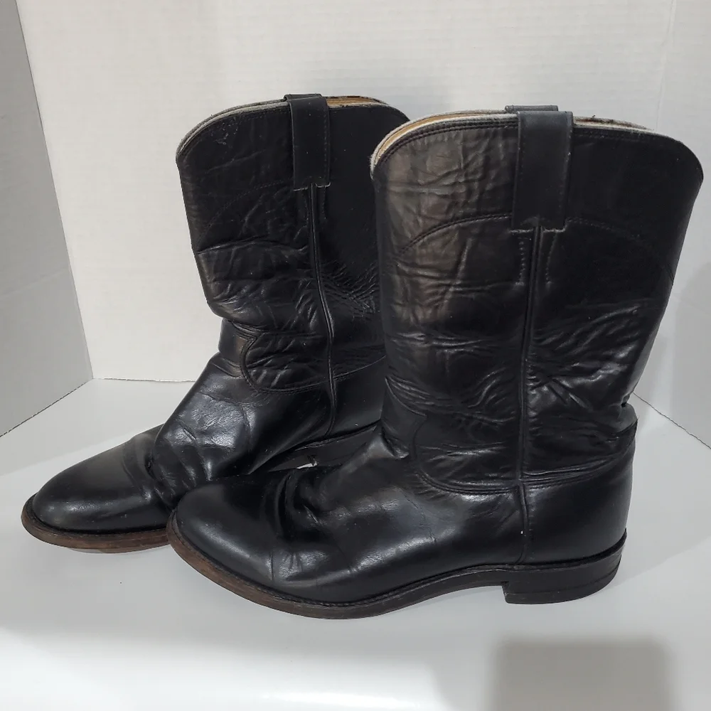 Justin Boots 3133 E Black Leather traditional Roper Boots Mens Size 8 D